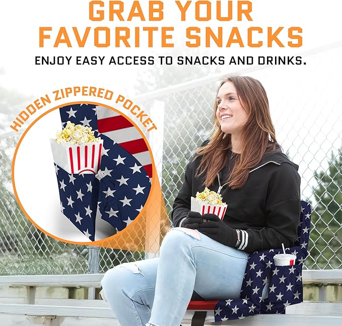 Heated Stadium Seats for Bleachers with Back Support – USB Battery Included - Upgraded 3 Levels of Heat - Foldable Chair - 4 Pockets for Snacks, Cup Holder - for Camping, Games & Sports (USA Flag)