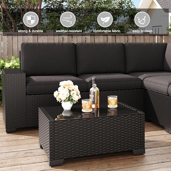 LayinSun 13 Pieces Patio Furniture Set with Fire Pit Table, Black Rattan Modular Sectional Patio Conversation Sofa Set