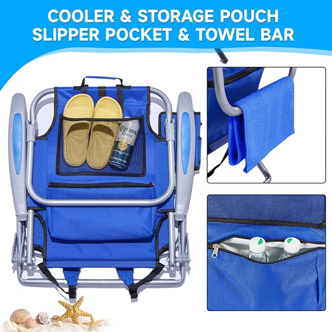 Canpsky Portable Beach Chair for Adults, Outdoor Camping Chair Lay Flat Folding Backpack Beach Reclining Chair with 5 Positions, Headrest, Zipper Pouch, Cup Holder, Blue