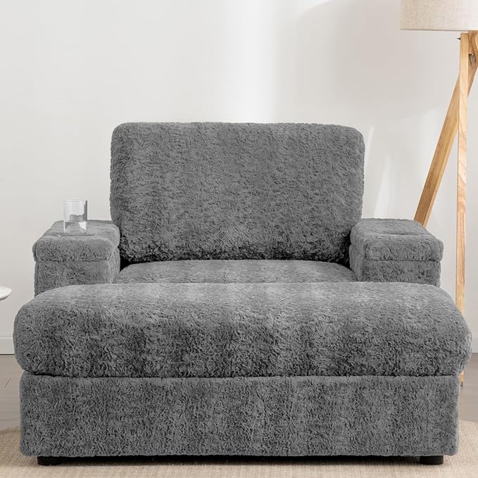 Merax Oversized Sleeper Chair with Storage Armrest & Ottoman, Cup Holders, Cloud Upholstered Chaise Lounge Recliner, Deep Seat Reading Couch Sofa Bed for Living Room Bedroom, Dark Grey