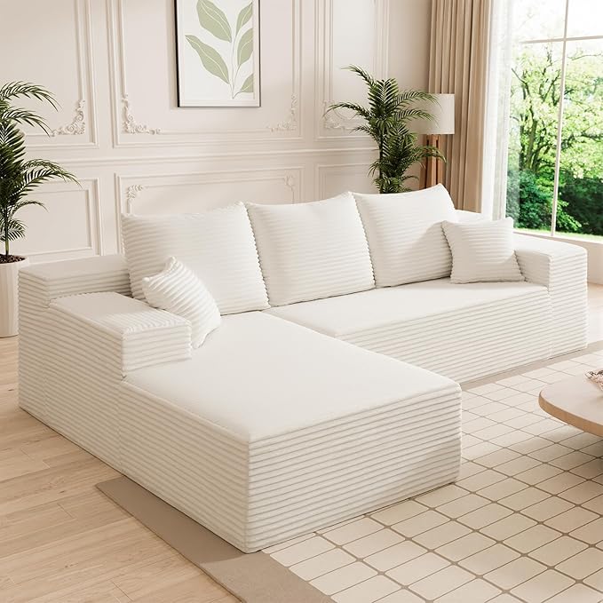 HYJT-H&K Modular Sectional Sofa Cloud Sectional Couch, 107" Comfy Fluffy L Shaped Beige Couches for Living Room, Deep Seat Memory Foam Plush Corduroy Boneless Couch Sectionals Left Facing Chaise Sofa