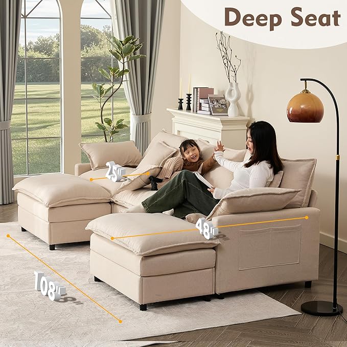 GOSUHI 108" U Shaped Couch, Modular Sectional Sofa, 3-Seater Comfy Cloud Couch with Movable Ottoman, Deep Seat Couches for Living Room, Linen, Beige