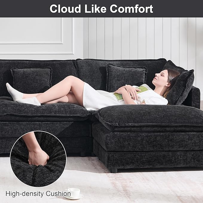 KIVENJAJA Chenille L-Shaped Modular Sectional Sofa, Modern Loveseat Comfy Deep Seat Cloud Couch with Ottoman/Chaise & 4 Pillows for Living Room Office Apartment, 76.7" W, Black