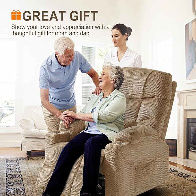 CDCASA Oversized Dual Motor Lay Flat Power Lift Recliner Chair with Massage, Heat, Textile Infinite Position Large Recliner Chairs for Big Men & Elderly, Lumbar Pillow, USB & Type-C Ports,2PCS, Beige