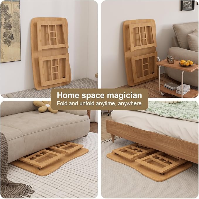 Japanese Bamboo Folding Floor Table for Sitting on Floor, Tatami Table Foldable, No Assembly, Low Tables for Small Spaces Living Room/Portable Zen Chabudai for Meditation - Light Brown