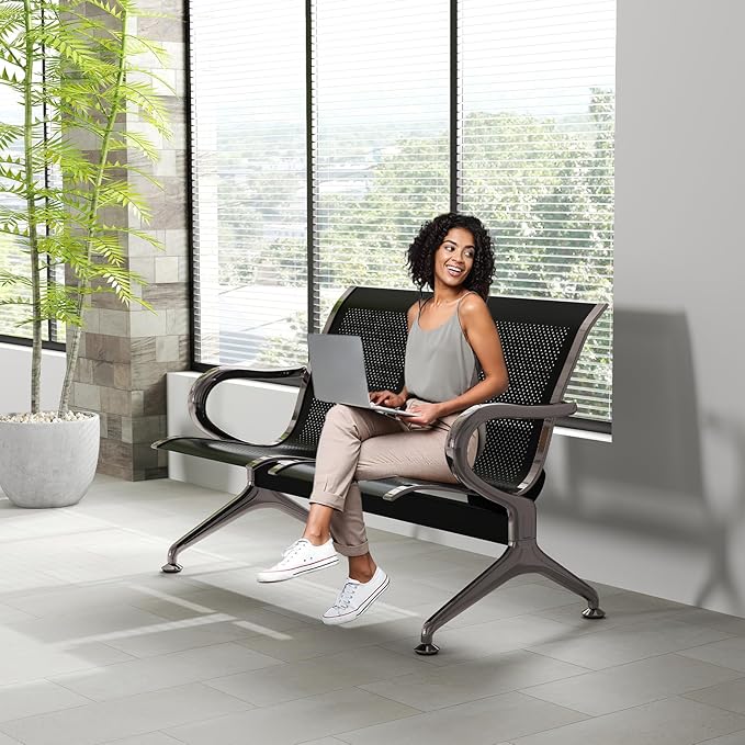 Kinfant Waiting Room Chair Bench Set - 2-Seat Office Guest Benches Reception Chairs with Arms for Airport, Hospital, Bank, Salon, Barbershop, Hall, Room Conference(Black Mesh)