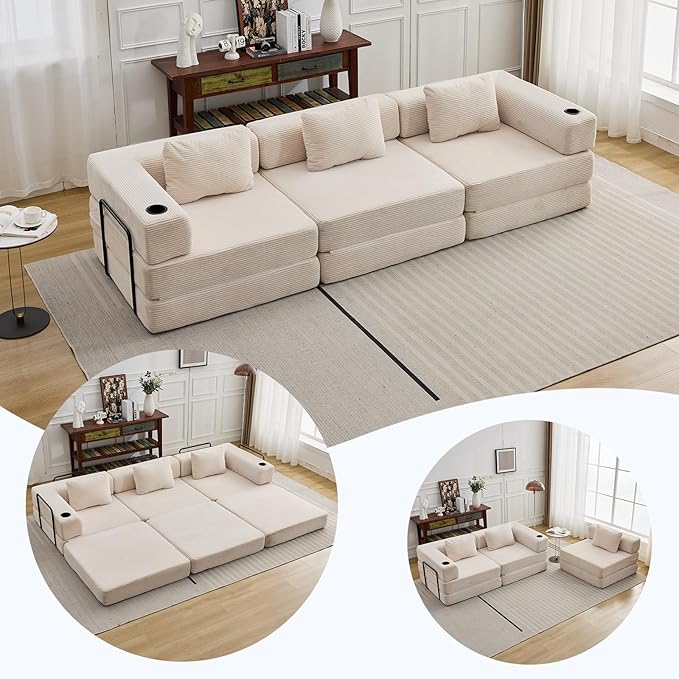 118" Oversized Convertible Floor Sofa Bed, Boneless Foldable Mattress Cloud Couch with Pillow Back & Armrest, Fold Out Floor Couch with Cup Holder for Living Room Bedroom Lounge, Corduroy, White