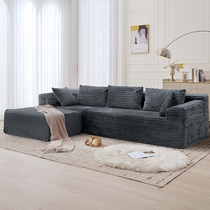 Korser 110" Sectional Couches for Living Room, Modular Sectional Sofa with L-Shape Chaise, Cloud Couch, Comfy Corduroy Fluffy Couch with Deep Seat and Side Pockets