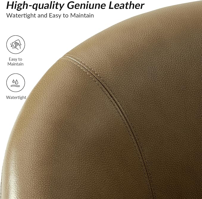 HULALA HOME Genuine Leather Swivel Accent Chair with Solid Wood Base, Round Swivel Barrel Chair for Living Room and Bedroom, Taupe