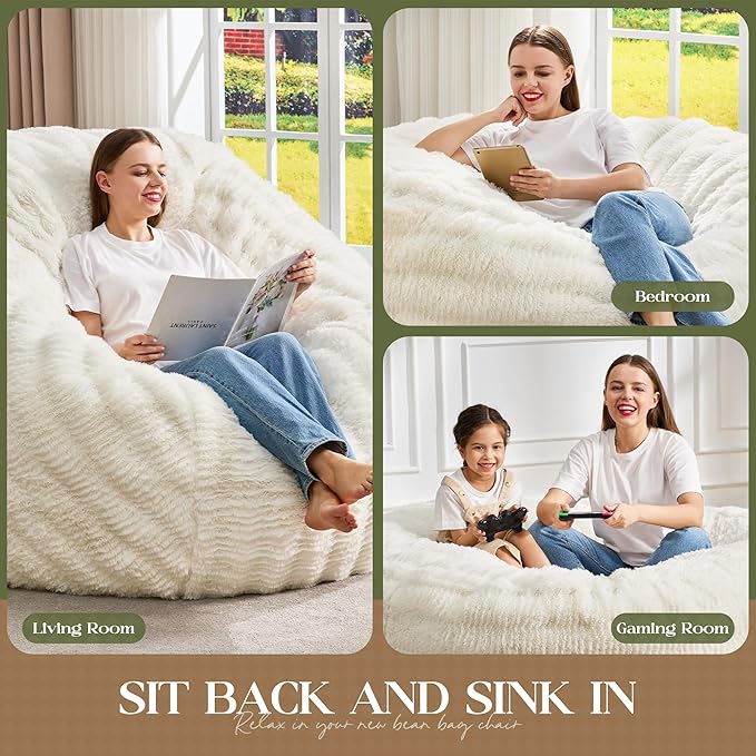 Hobestluk Bean Bag Chairs Beanbag Chair with Filler Adult Bean Bags with Fluffy Ripple Cover, Giant Bean Bag Chairs for Adults (White, 3FT - 36" x 36" x 22")
