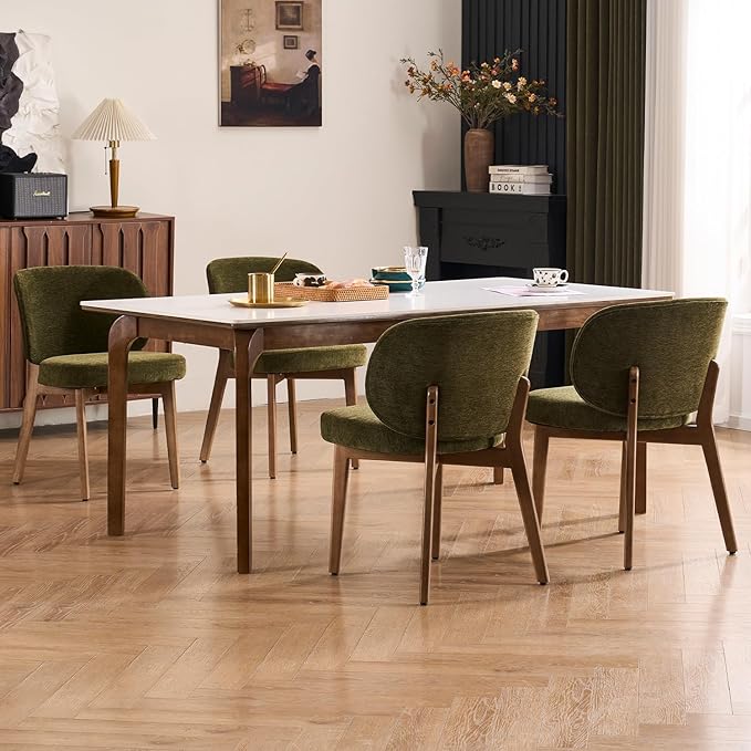 YOUNUOKE Dining Chairs Set of 2, Modern Chenille Fabric Dining Room Chair with Wood Legs, Widen Backrest Upholstered Comfy Armless Side Kitchen Chairs, Green