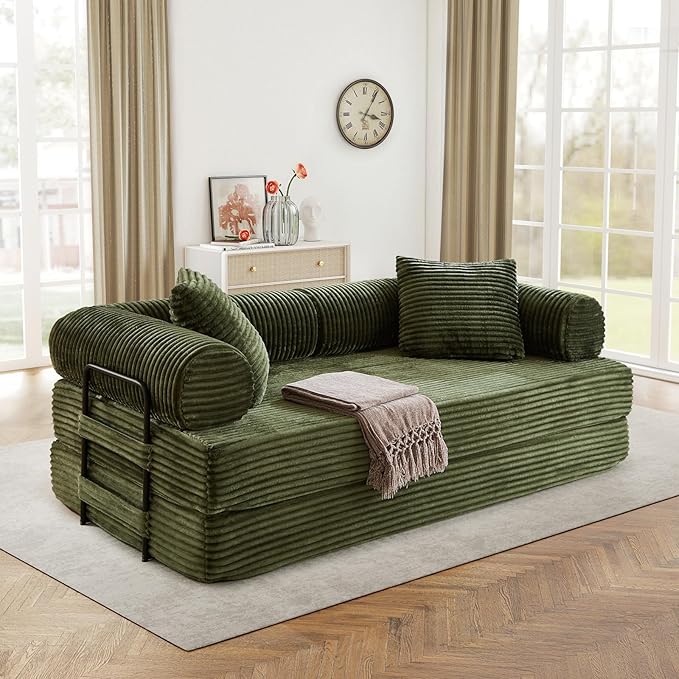 Modular Couch Bed, Convertible Folding Plush Corduroy Comfy Floor Memory Foam Compression Loveseat Sleeper Sofa Couch, King Size Bed for Guest Room Living Room Bedroom, No Assembly Required, Green