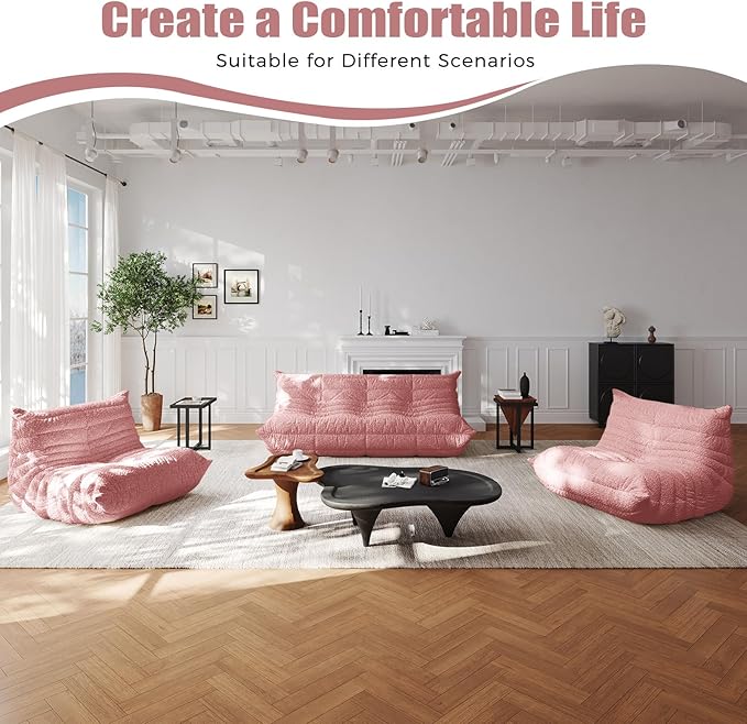 Selyteramy 3 Seat Oversized Bean Bag Chairs for Adults, Memory Foam Fireside Beanbag Couch, Comfy Bean Bag Lounger Lazy Sofa for Living Room, Bedroom, Playroom, Pink