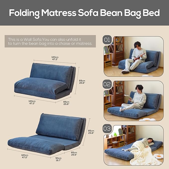 N&V Folding Matress Sofa Bean Bag Bed, Foam Filling Folding Matress Sofa, Includes Removable and Machine Washable Cover, Soft Premium Faux Fur (Medium, Blue)