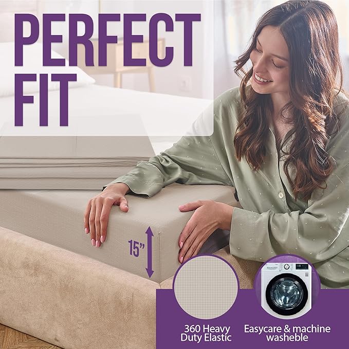 ECOHEAL Grounding Sheet Set - King Size, Beige Fitted & Flat Sheets with Pillowcases - 12% Silver Fiber, 4% Silk, 84% Cotton - SGS Quality Certified Conductive Bed Grounding Kit for Better Sleep