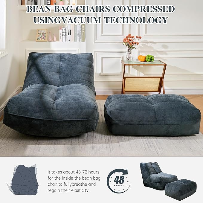 Cvortll Bean Bag Chair with Ottoman, Comfy Bean Bag Sofa with Memory Foam, Lazy BeanBag Sofa with Footstool, Fireside Bean Bag Couch for Living Room, Bedroom, Apartment (Blue Gray)