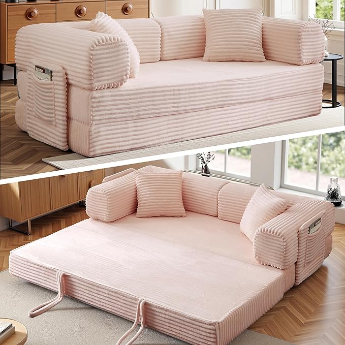 Chorlenimi Boneless Couch Futon Sofa Bed Sectional Couches for Living Room,Cloud Couch with Sleeper Sofa,Sofas for Living Room Oversized Corduroy Upholstered (Pink, 81 Inches (with Iron Frame))