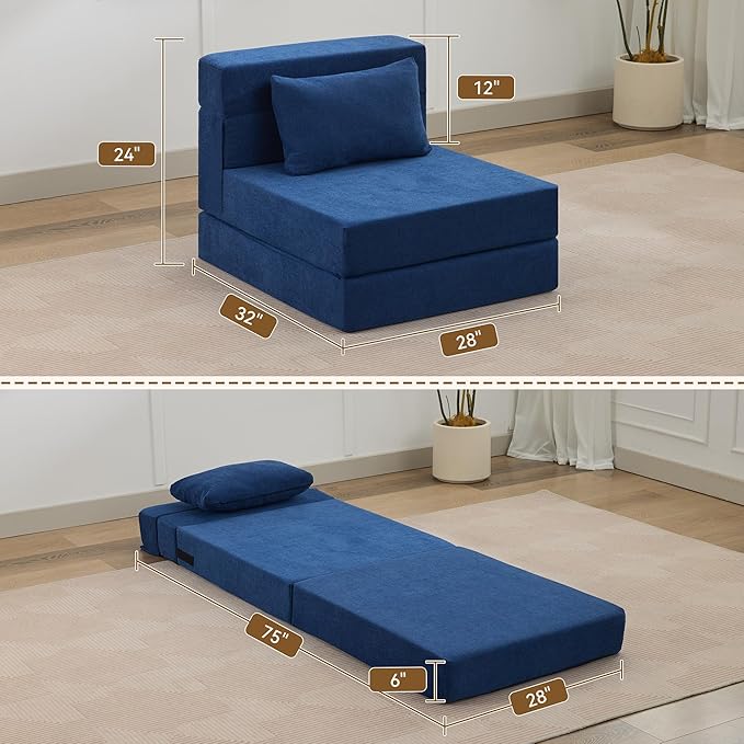 Folding Sofa Bed Convertible Floor Couch Foldable Chair Bed with Pillow，Linen Sleeper Chair Futon,Foldable Memory Foam Mattress for Bedroom/Living Room/Dorm/Office (Navy, Single)