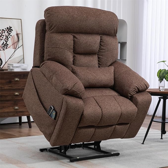 Oversized Lay Flat Power Lift Recliner Chair, 400lbs, 25.5in Extra Wide, 4-Motor, Heat and Massage, Hidden Cup Holder, Sleeping, Big Man, Elderly (Dark Brown)