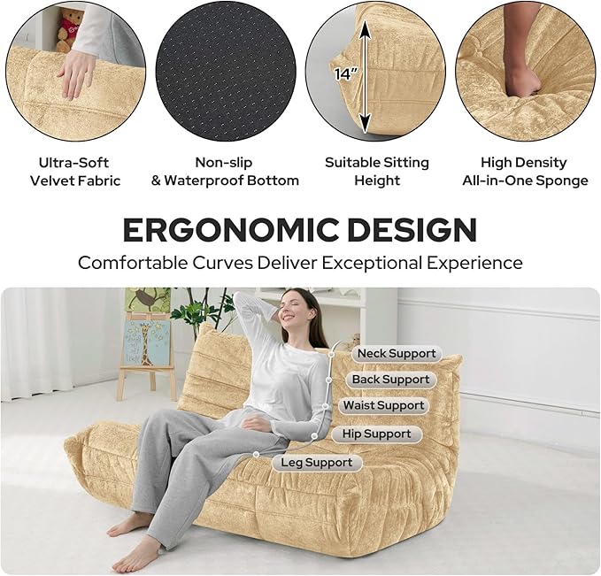 HABUTWAY Bean Bag Chair, Giant Bean Bag Chairs for Adults, 3 Seater Fireside Chair, Lazy Large Floor Bean Bag Sofa for Living Room, Bedroom, Dorm, Office (Khaki)