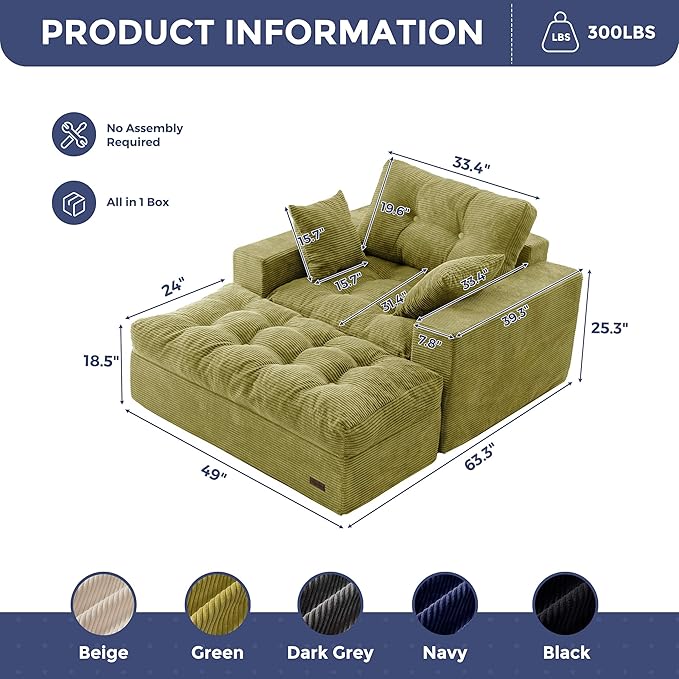MAXYOYO Oversized Chaise Lounge Sofa, Upholstered Lounge Chair with 3 Pillows, Tufted Boneless Sofa Couch with Ottoman, Deep Seat Sleeper Chair for Living Room, Bedroom, No Assembly, Green