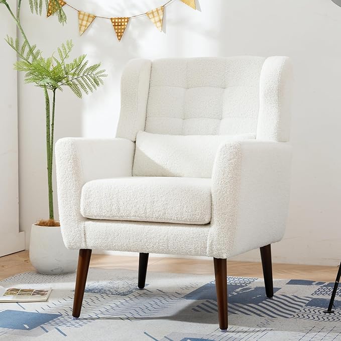 QKFF Accent Chair Set of 2, Upholstered Armchair with Pillow, Teddy Single Sofa with Lounge Seat and Wood Legs for Living Room Small Spaces