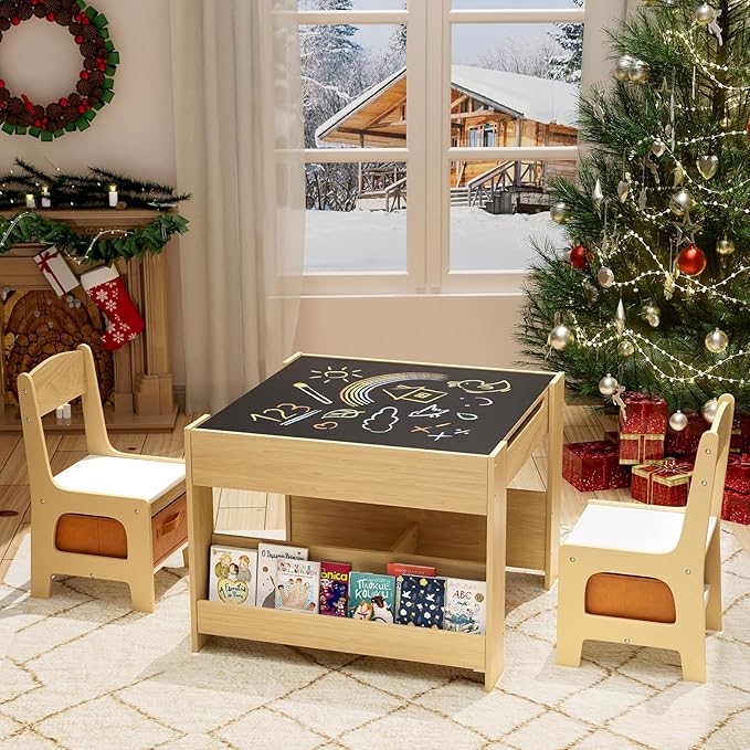 Arlopu Kids Table and Chairs Set, 4 in 1 Toddler Art Desk with Storage Drawer, Wooden Activity Deskboard, Blackboard, Reversible & Detachable Tabletop, Bookshelf for Drawing, Reading (Natural & White)