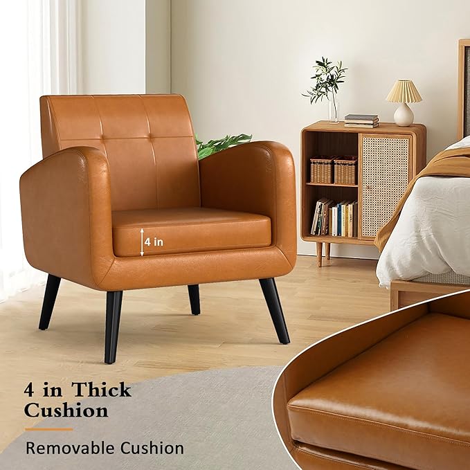 LSSPAID Accent Chairs Set of 2, Brown PU Leather Living Room Chairs, Modern Comfy Upholstered Armchairs Single Sofa Chair with Solid Wood Legs for Apartment, Reading, Office