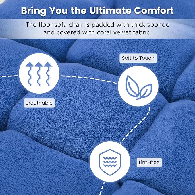 MAT EXPERT 14-Position Floor Chair, Floor Gaming Chair w/Soft Coral Fleece, Alloy Steel Frame, Padded Lazy Couch Recliner, Floor Chair with Back Support for Reading, Meditating (Blue)