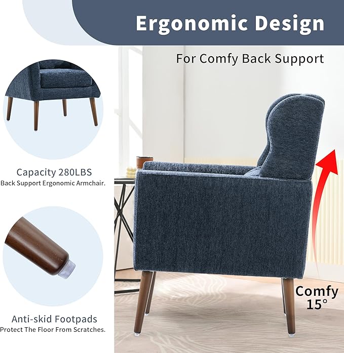 CHSICFOR Modern Accent Chair, Upholstered Arm Chair with Waist Pillow, Single Sofa Chair for Living Room Bedroom Small Spaces (Blue)