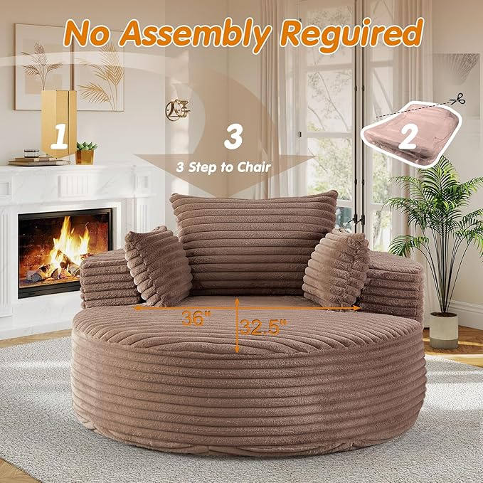 55"W Oversized Round Chair Lounge Chaise Indoor, Upholstered Comfy Circle Sofa Armchair, Modern Cozy Boneless Foam Floor Reading Chair for Living Room, Bedroom, No Assembly Required(Corduroy, Brown)