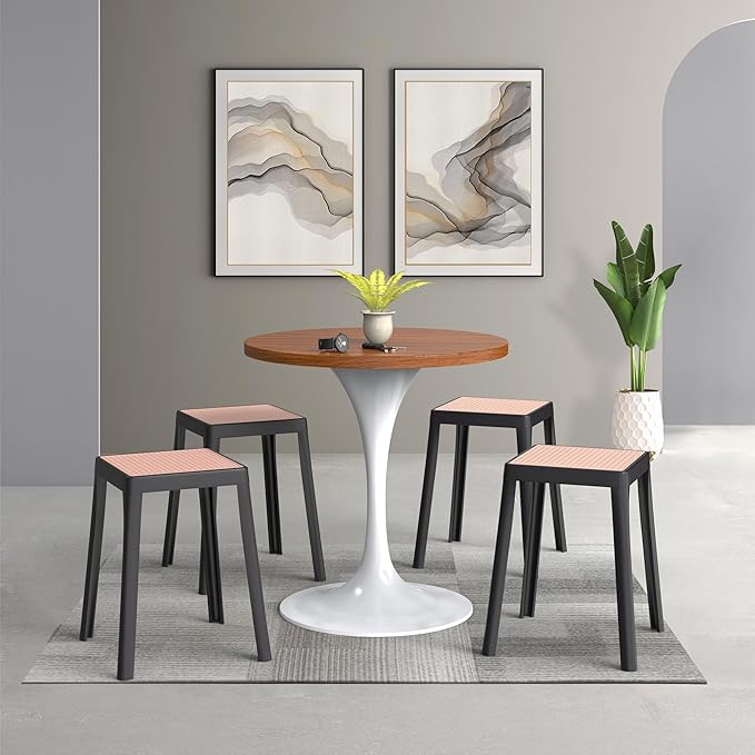 LeisureMod Stackable Square Plastic Dining Stool - Mid-Century Modern Backless Accent Stool with Wicker Top for Kitchen & Dining Room, Black