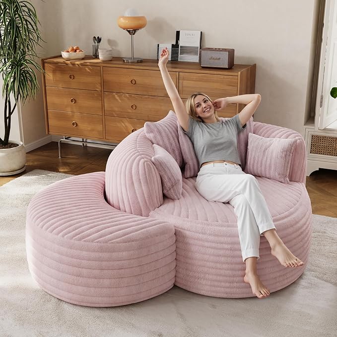 50" W Oversized Round Chaise Lounge Chair with Ottoman Indoor Boneless Plush Fluffy Corduroy Circle Couch Soft Comfy Cozy Cloud Reading Chair for Living Room, Playroom, Bedroom - Pink