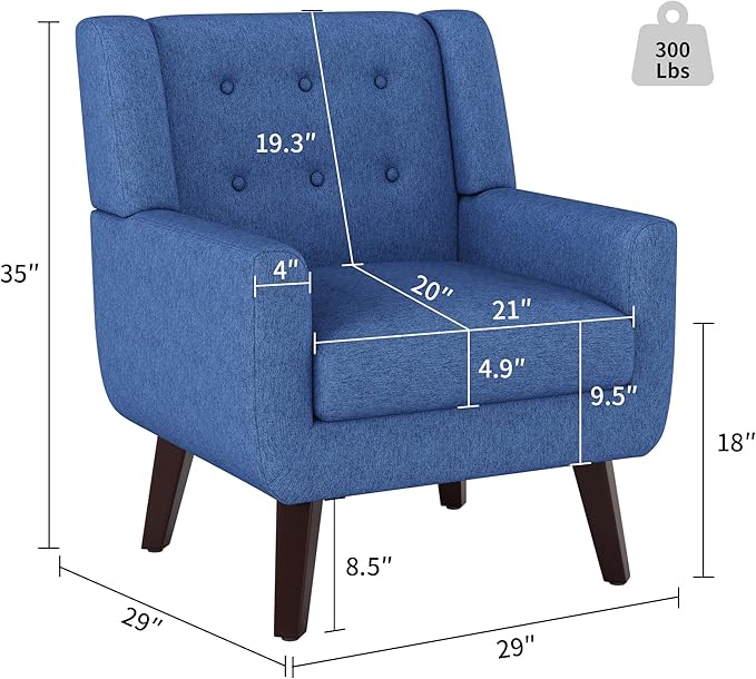 Accent Chairs, Mid-Century Modern Upholstered Living Room Armchair, Comfy Oversized Linen Fabric Single Reading Arm Chair with Tufted Back and Wood Legs for Bedroom, Club (1, Navy)