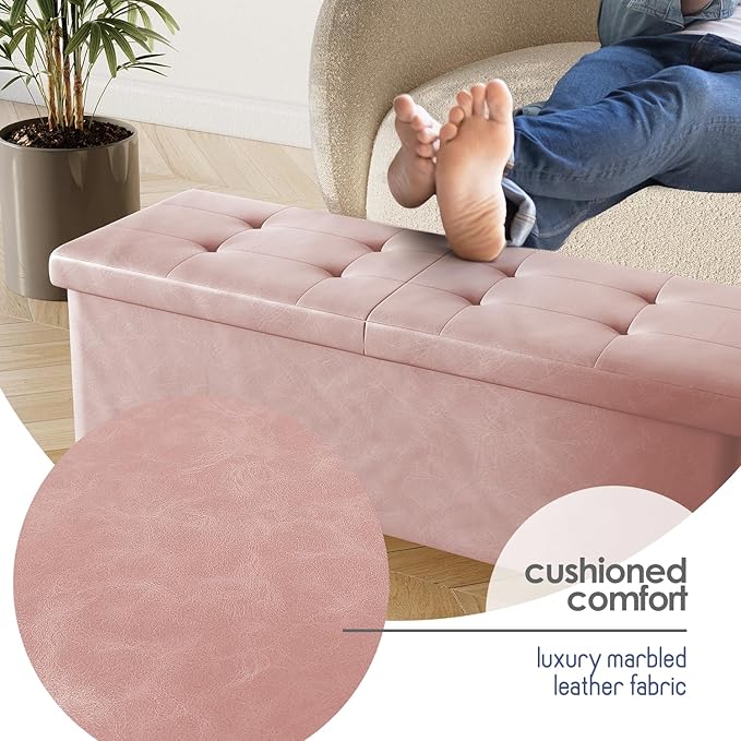 Storage Ottoman Bench with Bins, 43-in Storage Bench for Bedroom End of Bed, Folding Foot Rest Ottoman for Living Room Max 660lbs, Faux Leather Ottomans, Pink