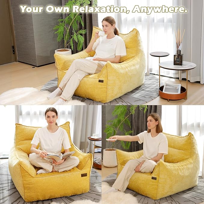 Giant Bean Bag Chair, Beanbag Chairs for Adults, Teens & Kids, Comfy Sofa Chair with Handle & Filling for Living Room, Reading & Gaming, Non-Slip(Yellow-XL)