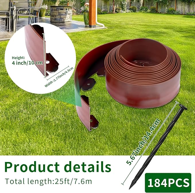 AggFencer 4 in x 100 Ft Garden Landscape Edging, No Dig Garden Edging Border Kit with 184 Pcs Spikes for Flower Bed Lawn Yard Grass Brown