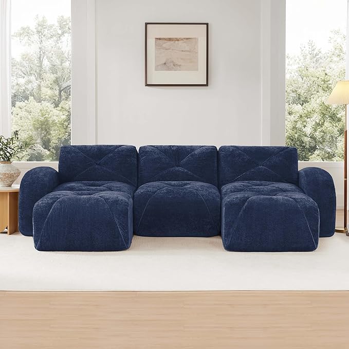 Modular Sectional Sofa with Free Combination,Boneless Floor Couch for Living Room & Lounge,Velvet 3-Seater Sectional Couch with 2 Ottomans,No Assembly Needed