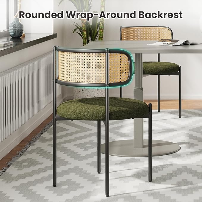 Farini Dining Chairs Set of 2,Mid-Century Modern Kitchen Chair Rattan Backrest Round Upholstered Sherpa Dining Chairs with Metal Legs,Green