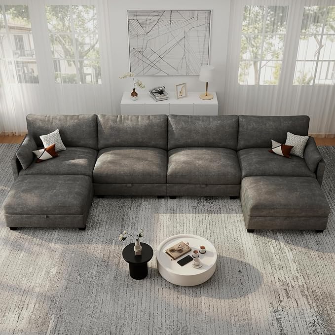 Modular Sectional U Shaped Sofa Couches for Living Room, Cloud Couch with Storage Ottoman, Comfy Chenille Sofa with Pillow, Dark Gray