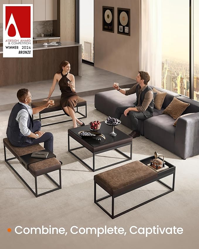 SONGMICS Home LUIZ Collection - Ottoman, Square Coffee Table, Footstool, Reversible Top, Padded Seat, Side Table, Minimalist, Steel Frame, Max. Load 660 lb, for Living Room, Walnut Brown ULOM077K01