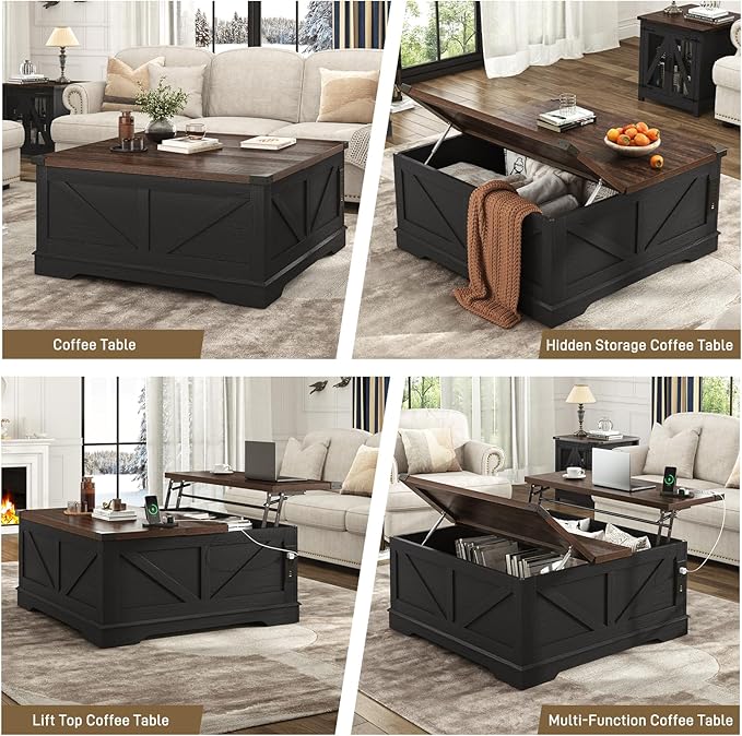 Hlivelood 40” Large Farmhouse Lift Top Coffee Table with Power Outlets and Large Hidden Storage, Square Wood Living Room Tables, Multi-Function Lift Wooden Barn Door Center Table, Black