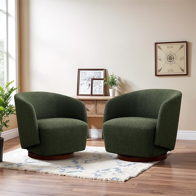 Boucle Swivel Accent Chairs Set of 2, No Assembly Upholstered Armchair with Rubberwood Base, 360° Rotating Living Room Chairs Set of 2 for Bedroom, Apartment & Reading Nook (2, Green)