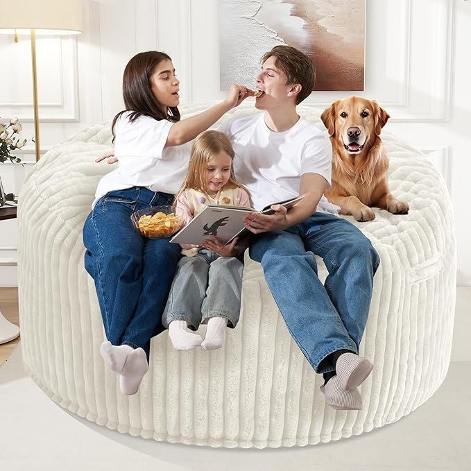 Homguava 6 FT Bean Bag Chair,6' Big Bean Bag,Giant Bean Bag Chairs for Adults with Memory Foam Filled,Comfy Large Beanbag Chairs Soft Bean Bag Sofa with Dutch Corded Plush Cover-White