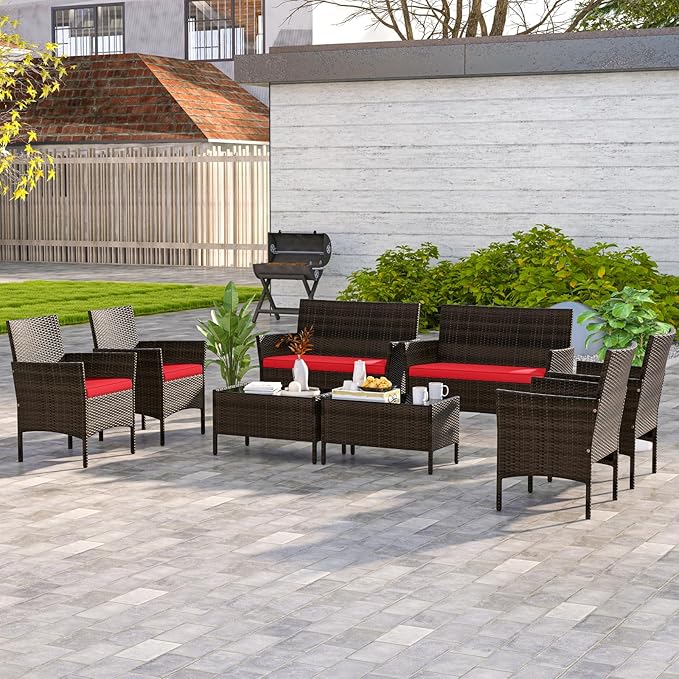 HAPPYGRILL 8 Pieces Outdoor Rattan Conversation Set, Patio Wicker Furniture Set with Loveseat Chairs & Tempered Glass Coffee Table, Outside Sectional Sofa Set for Backyard Garden Poolside, Red
