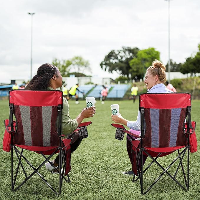 Nazhura 4 Pack Outdoor Camping Chairs Folding/Foldable/Portable with Cooler Pouch, Mesh Backrest and Cup Holder Pocket (Red, 4 Pack)