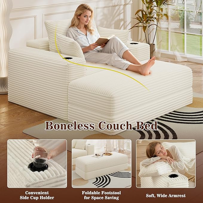52" Boneless Chaise Lounge Chair Indoor — Oversized Cloud-Like Cozy Comfy Modular 3-in-1 Sofa Bed for Reading, Living Room & Bedroom Corduroy Couch Sleeper, Beige