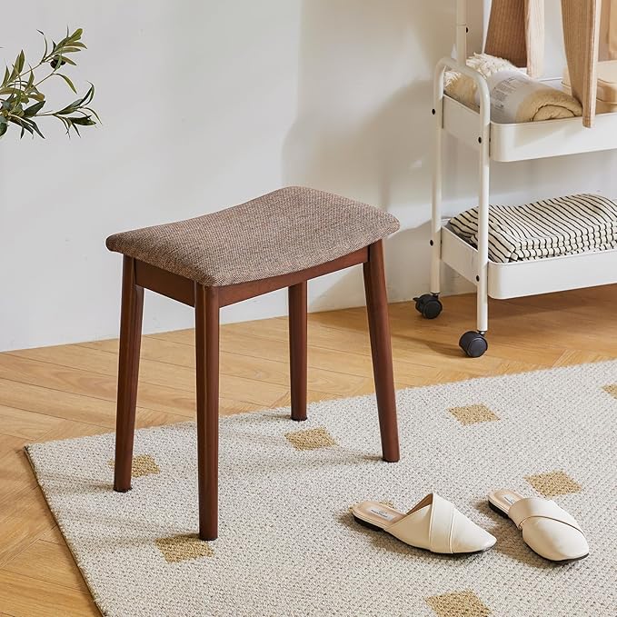 IBUYKE Saddle Cushion Vanity Stool Chair, Foot Rest Stool with Solid Wood Legs, Modern Vanity Bench Ottoman for Piano, Upholstered Seat for Bedroom, Entryway, Walnut Legs&Brown Linen WBD007HC