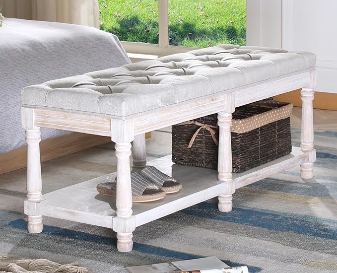 Farmhouse Storage Bench Wooden Entryway Upholstered Tufted Ottoman Bench for Bedroom End of Bed Hallway Organizer, Beige