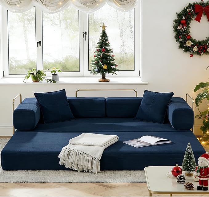 78" Convertible Sleeper Sofa Bed, Corduroy Folding Sofa Bed with Fixed-Shape Frame, Fold Out Floor Mattress Couch, Lazy Compression Sofas for Living Room, Bedroom, No Assembly Required, Blue